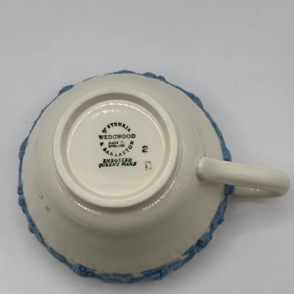 Wedgwood Embossed Queens‎ Ware Tea Cup and Saucer Lavender Blue on Cream England